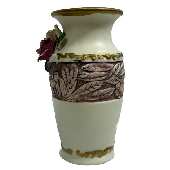 Flomo Ceramic Bud Vase 5.5" Raised Rose Floral Gold Trim Vintage Accent - Picture 4 of 6